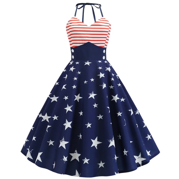 Gaecuw Red White Blue Shirt Dresses American Flag Clothing Vintage Sleeveless Halter Neck Flag Evening Party Prom Dress Independence Day Dresses Red White Blue Clothing Fourth of July Outfits Blue S