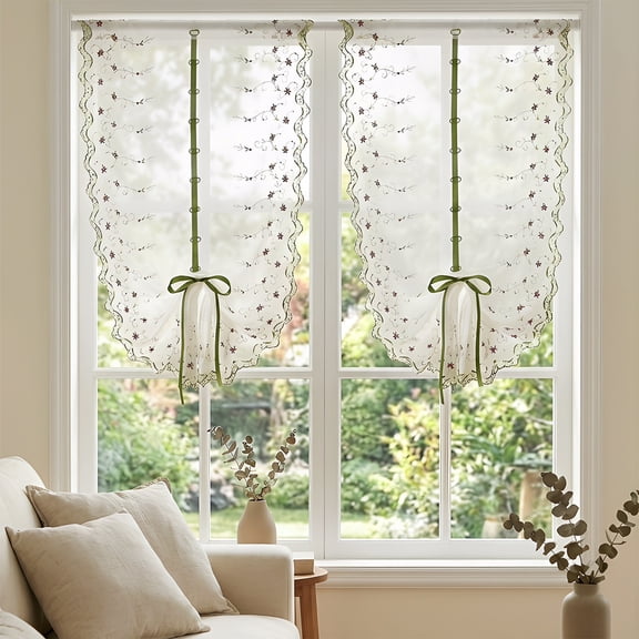 Gaecuw Rod Pocket Draw Back Curtain, Double Layer Floral Sheer and Blackout Drape for Kitchen, Light Filtering Window Panel, White, Style BS, 32x39 Inch