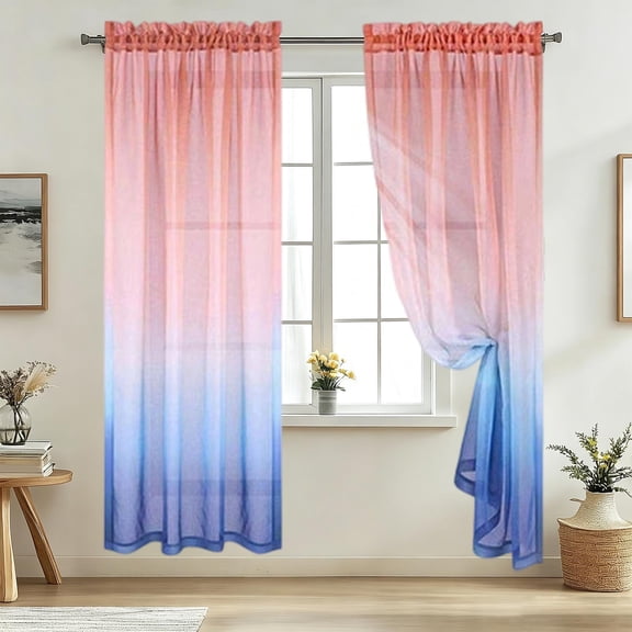 Gaecuw Rod Pocket Sheer Curtain, Two-Tone Gradient Light Filtering Drape for Living Room, Breathable Window Panel for Bedroom, Blue, 52x96 Inch
