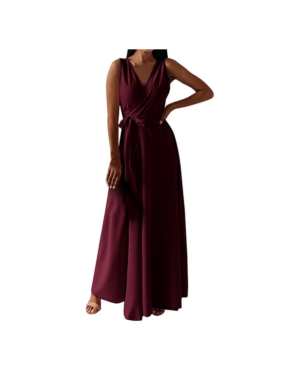 Semi Formal Wedding Guest Dress for Women V Neck Sleeveless Champagne Dresses Ankle Length Long Dresses Swing Party Dress Strappy Prom Dresses Flowy Graduation Dresses Solid Semi Formal Dress