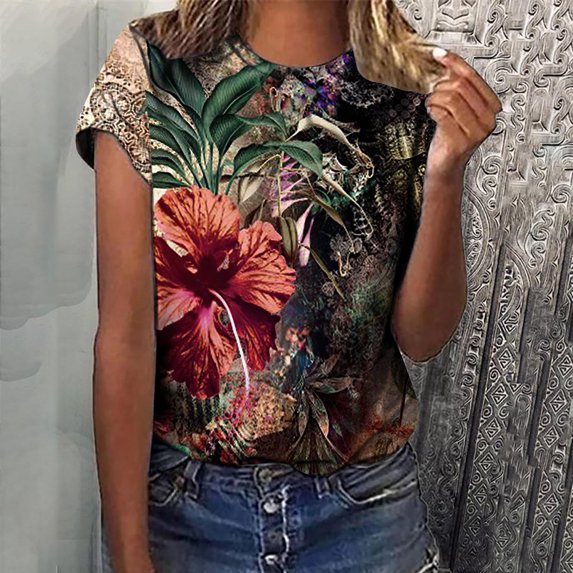Gaecuw Shirts for Women Tops Blouses Short Sleeve T Shirts Regular Fit Pullover Tees T-Shirts Floral Print Tops Crew Neck Blouses Casual T Shirts Durable Soft Lightweight Breathable Tees Tops