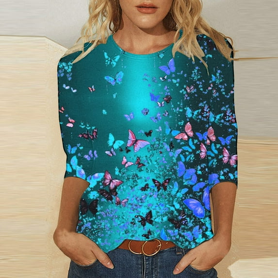 Cavosen Womens 3/4 Length Sleeve Tops Crew Neck Floral Graphic Print Pullover Tees Casual Dressy Summer Shirts Resort Fashion Blouse Beach Vacation T-Shirts Athletic Green 2XL