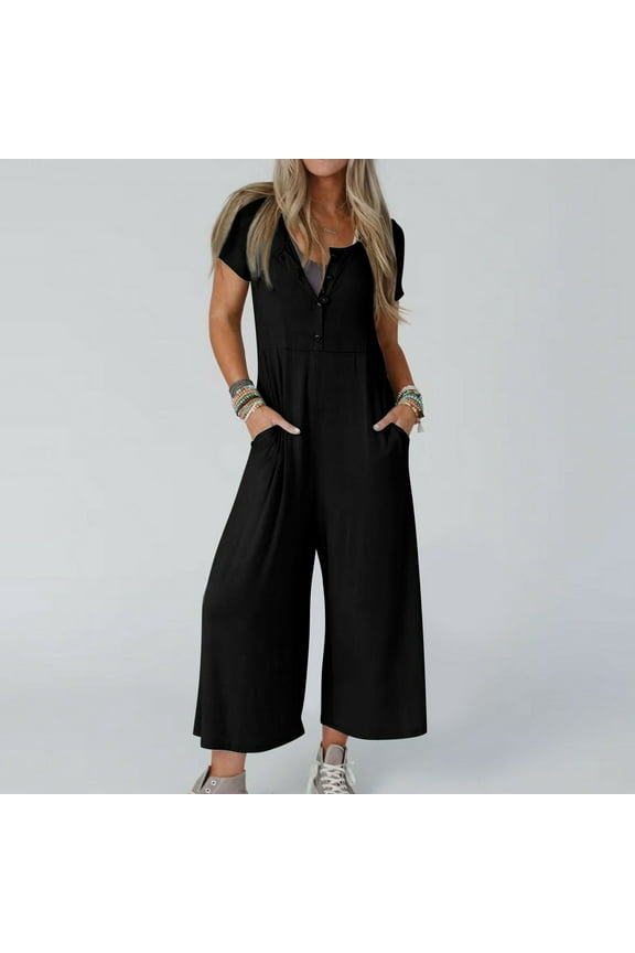 Short Sleeve Jumpsuits Women V-Neck Rompers Solid Color Button Flowy Bib Overalls Wide Leg Long Pants with Pocket Jumpsuits Playsuit Baggy Summer One Piece Onesie Black M