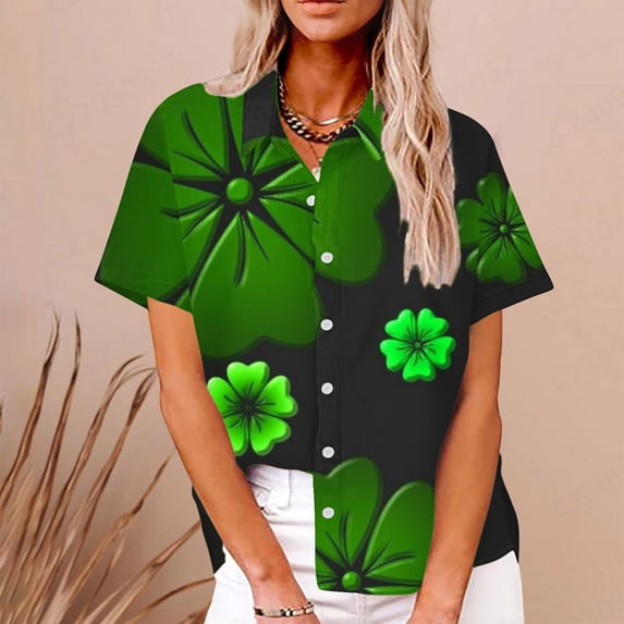 Gaecuw St.Patrick's Day Women's Short Sleeve Tees Tops Crew Neck Cute Tops Button down Blouse Four Leaf Printed Tshirts Tees Pullover Loose Fit Trendy Shirts T-Shirts Holiday Clothes Green L