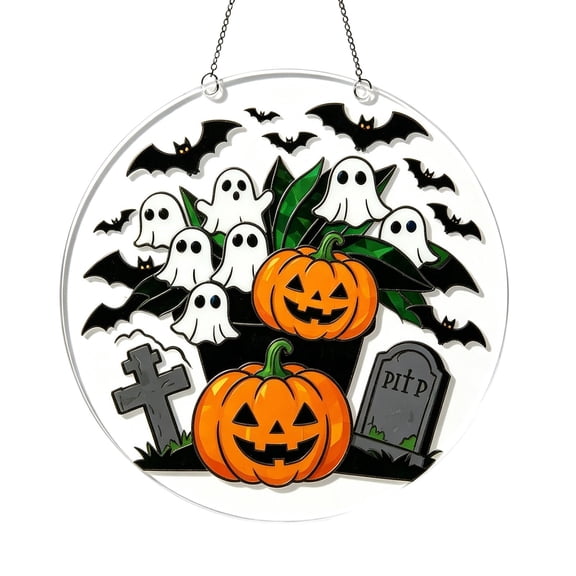 Gaecuw Stained Glass Effect Acrylic Suncatcher, Halloween Ghost Bat Hanging Pendant with Hook for Home Garden Window Wall Door 12x12 in