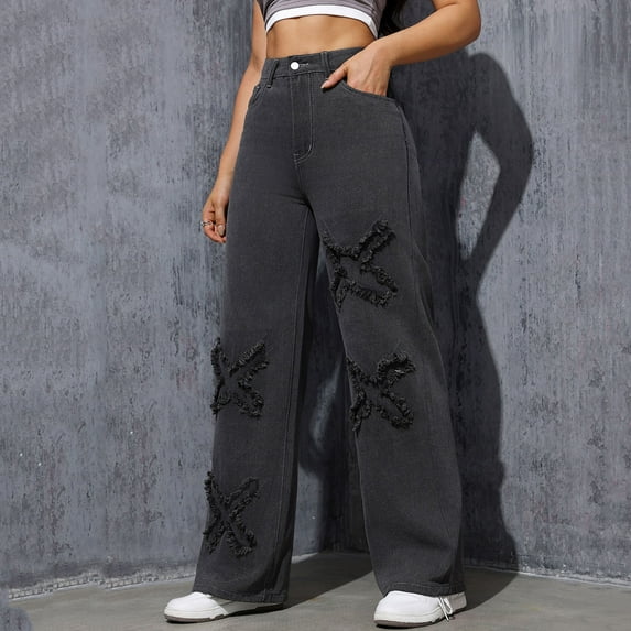 Gaecuw Straight Leg Jeans for Women High Rise Pull On Raw Jeans Casual Loose Palazzo Regular Fit Denim Long Pants Solid Boyfriend Trousers with Pocket Button down Zipper Y2K Bottom