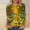 thumbnail image 1 of Cavosen Three Quarter Sleeve Tops for Women Tunic 3/4 Sleeve Floral Graphic Print Pullover Tees Crewneck Loose Fit Summer Blouse Resort Fashion Shirts Vacation Plus Size Yellow 3XL, 1 of 5