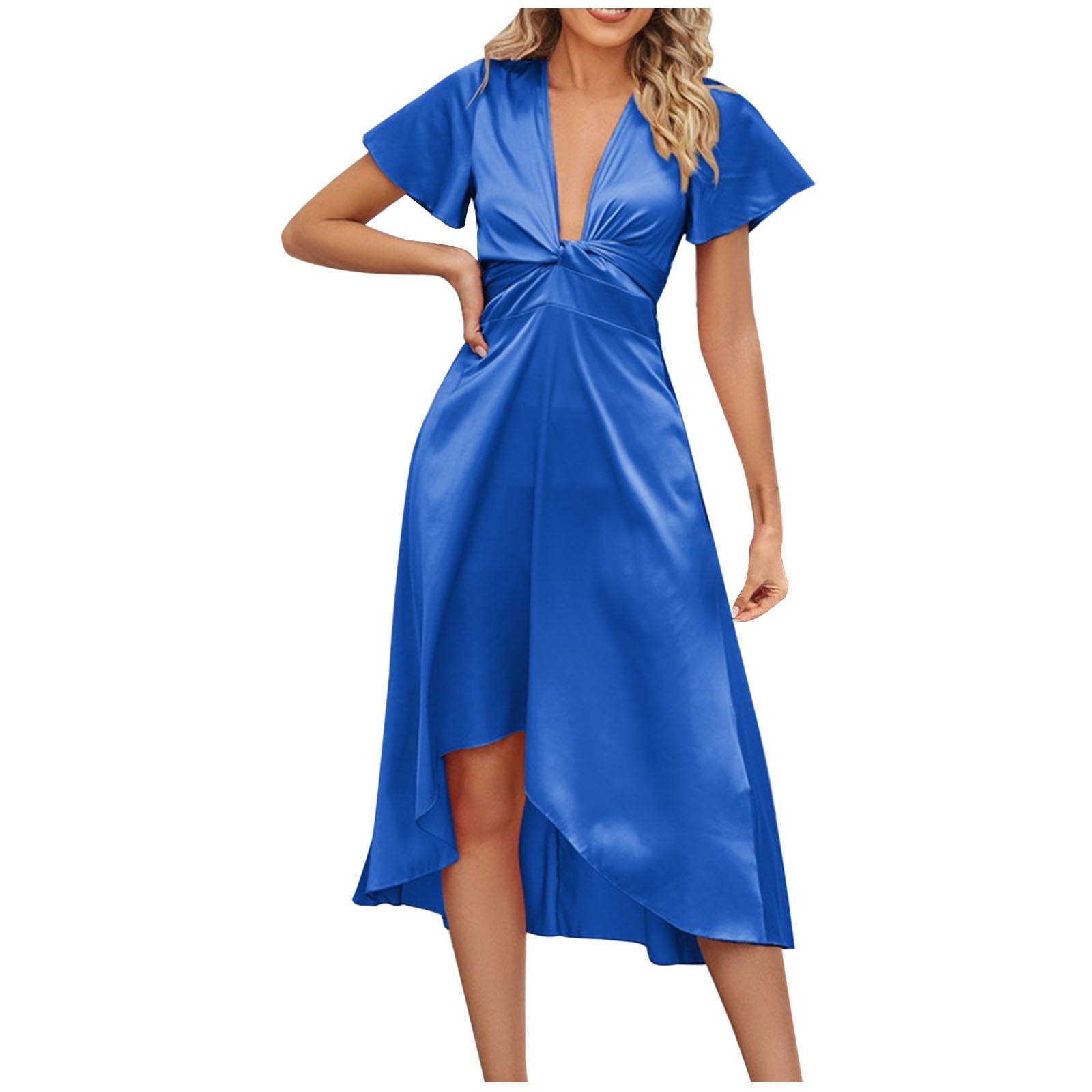 Gaecuw Summer Dress for Wedding for Women V Neck Short Sleeve Champagne