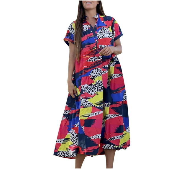 Gaecuw Summer Maxi Dresses for Women 2023 Crew Neck Short Sleeve Calf Length Swing Beach Dresses Button Trendy Dresses Polyester Going Out Dresses Casual Summer Dresses Day Dresses Vacation Dresses