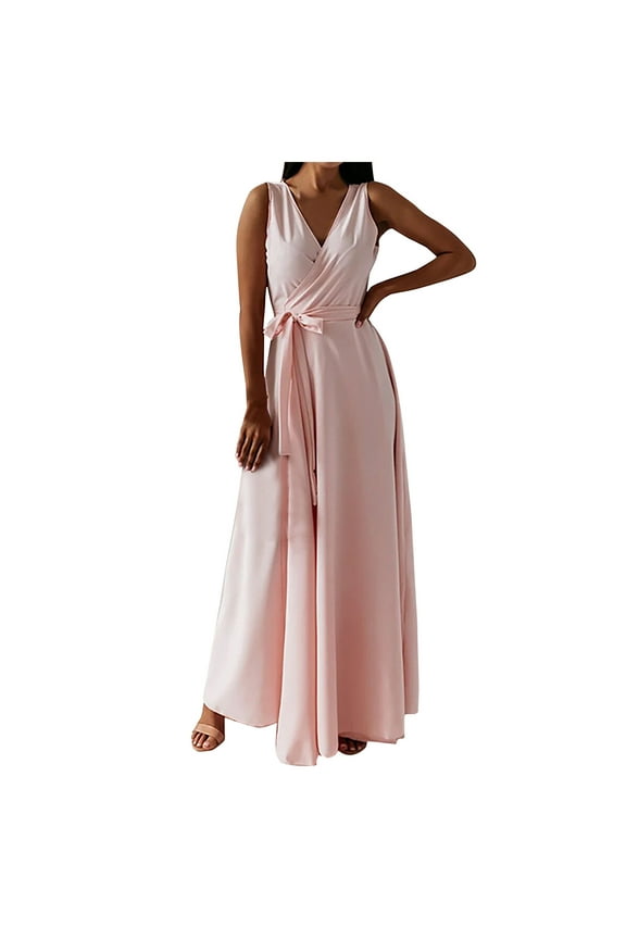 Summer Wedding Guest Dresses for Women V Neck Sleeveless Champagne Dresses Ankle Length Long Dresses Swing Party Dress Strappy Prom Dresses Flowy Graduation Dresses Solid Semi Formal Dress