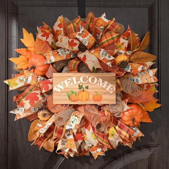 Gaecuw Thanksgiving Ribbon Pumpkin Wreath Sign, 15.8In Wooden Welcome Door Hanger, Fall Front Porch Wall Festive Decor Gift
