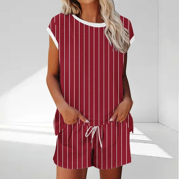 Gaecuw Two Piece Lounge Set for Women Travel 2 Piece Short Outfits Summer with Pocket Drawstring Striped Loungewear Sleeveless Round Neck Tops Pajamas Pants Sets Tracksuits Red 2XL