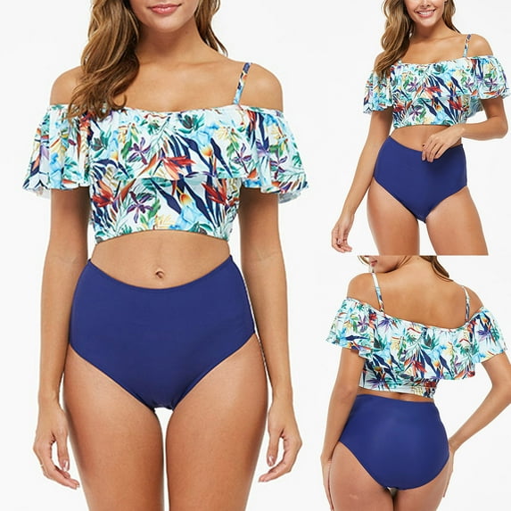 Gaecuw Two Piece Set for Women Bikini Sets for Women Sleeveless Swimwear Top High Waisted Bikini Briefs Swim Bottom Slip On Closure Swimsuits Floral Print Bathing Suits Frill Resort Wear Beachwear