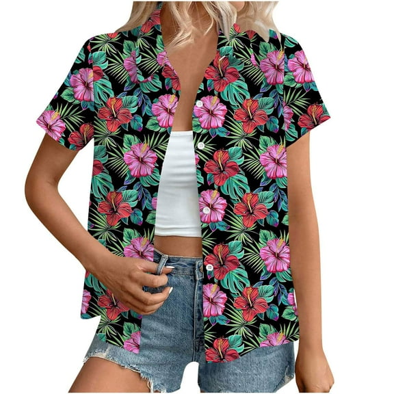 Cavosen Women Blouses Short Sleeve Front Buttons Collared Hawaiian Tropical Print Summer Tees Pullover Button up Beach Shirts Casual Dressy Resort Vacation Tops Going out 2XL