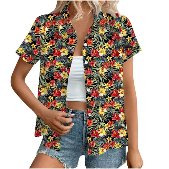 Cavosen Women's Button up Shirts Casual Collared Hawaiian Tropical Print Summer Blouse Short Sleeve Pullover Button down Vacation Tees Loose Fit Resort Beach Tops Going out S