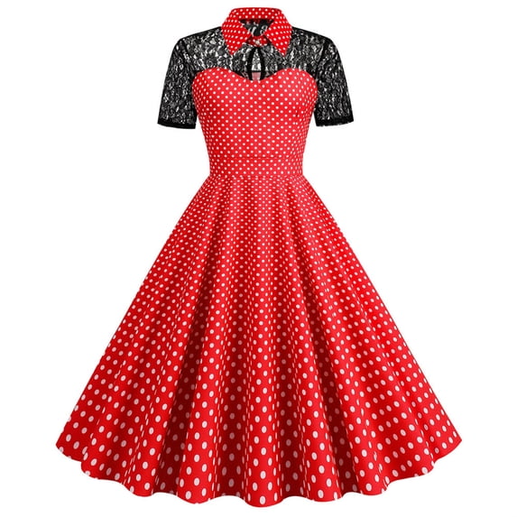 Gaecuw Vintage Dresses for Women Collared Neck Short Sleeve Retro Dresses Below the Knee Midi Dresses A Line Party Lace Linen Dress Casual Semi Formal Dress Polka Dot Prom Wedding Guest Dresses