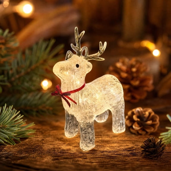 Gaecuw Warm Light Acrylic Reindeer Decor for Holiday, Faux Greenery LED Glitter Deer Statue with Red Bow, Plastic Christmas Decor for Shelf and Window, B