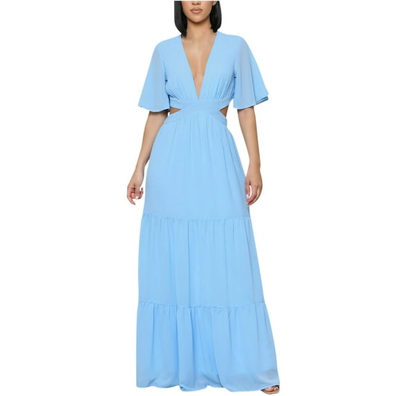 Gaecuw Wedding Guest Dress Summer for Women V Neck Short Sleeve Champagne Dresses Ankle Length Maxi Dresses Swing Party Dress Prom Dresses Polyester Flowy Graduation Dresses Solid Semi Formal Dress