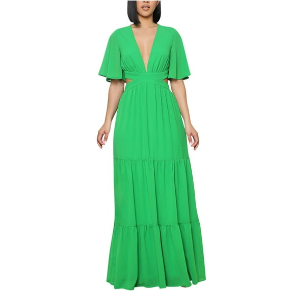 Gaecuw Wedding Guest Dresses Plus Size for Women V Neck Short Sleeve Champagne Dresses Ankle Length Long Dresses Swing Party Dress Prom Dresses Flowy Graduation Dresses Solid Semi Formal Dress