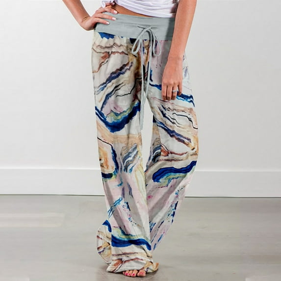 Gaecuw Wide Legged Pants for Women Dressy Regular Fit Long Pants Drawstring Lounge Trousers Sweatpants Loose Baggy Yoga Pants High Waisted Summer Ankle Length Workout Pants Floral Print Athletic Pants