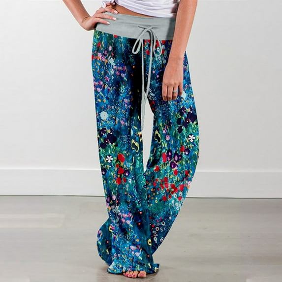 Gaecuw Wide Legged Pants for Women Plus Size Regular Fit Long Pants Pull On Lounge Trousers Sweatpants Loose Baggy Yoga Pants High Waisted Summer Ankle Length Workout Pants Floral Print Athletic Pants