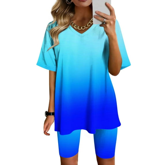 Gaecuw Women 2 Piece Short Set Legging Sets Short Sleeve Pullover Short Length Seamless Shorts V Neck Oversized Waist Fashion Suits Casual Summer Sets Gradient Suit Set Two Piece Sets for Women Casual