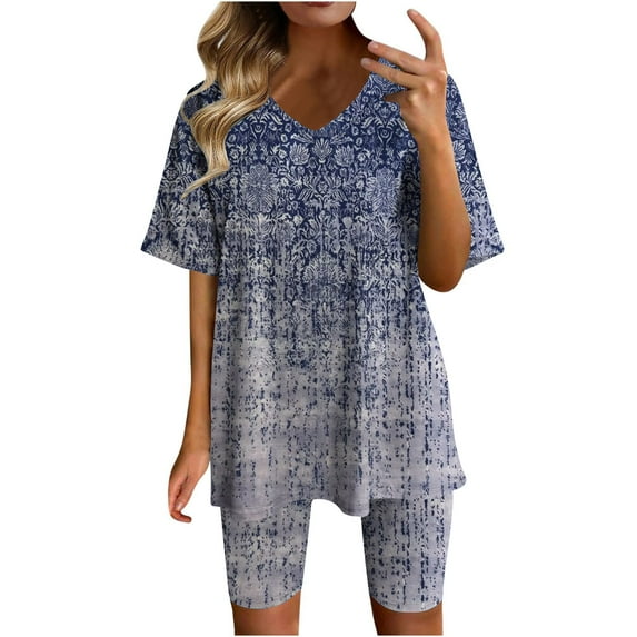Gaecuw Women 2 Piece Short Set Legging Sets Short Sleeve Pullover Short Length Seamless Shorts V Neck Oversized Waist Fashion Suits Casual Summer Sets Suit Set Women Two Piece Outfits Blue XXXL