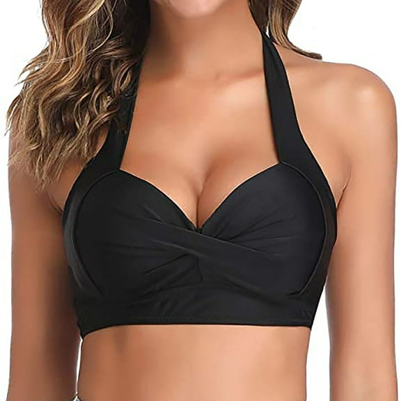 Gaecuw Women Bikini Top Plus Size Swimsuit for Women Halter Swimwear Top Sleeveless Slip On Closure Swimsuits Solid Bathing Suits Strappy Resort Wear Beachwear Beach Vacation Outfits Resort Wear Black