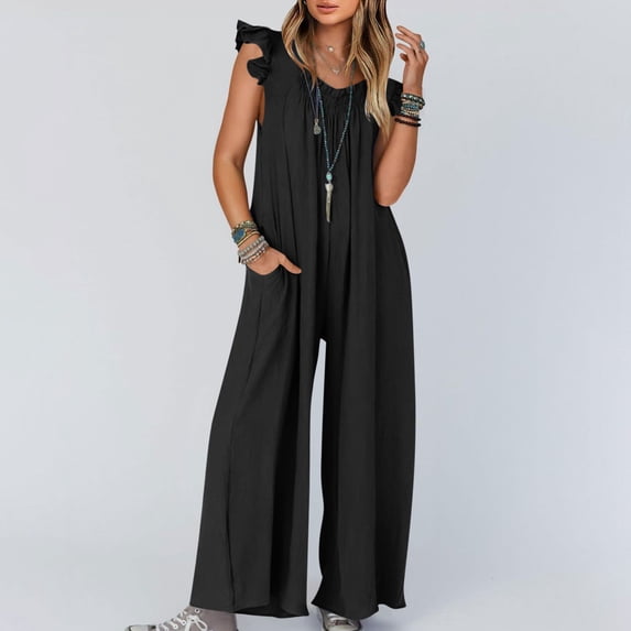 Gaecuw Women Jumpsuits Casual and Elegant High Waisted Sleeveless Ruffle V-Neck Jumpsuits Solid Color Flowy Pleated Rompers Wide Leg Long Pants with Pocket Overalls Black L