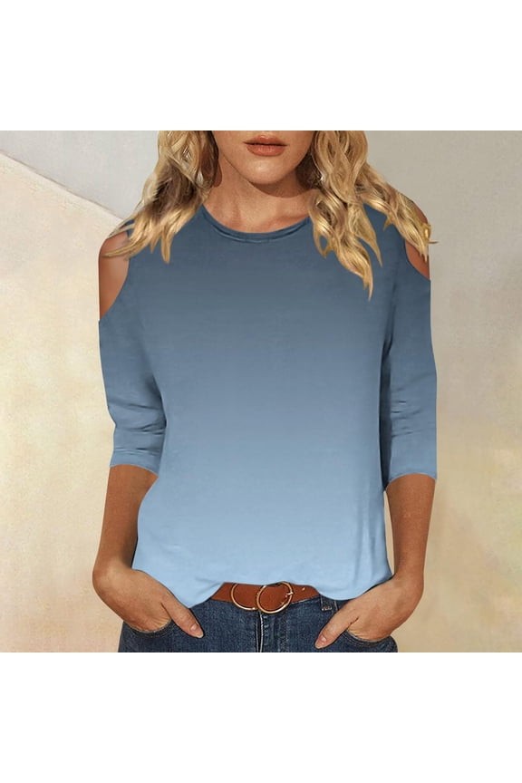 Women's 3/4 Sleeve Tops and Blouses Lightweight Summer Gradient Cold Shoulder Sleeve Tees Round Neck Casual Shirts Pullover Tops Three Quarter Blouse Stylish T Shirts Blue XL