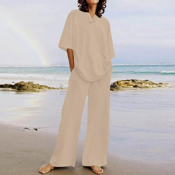 Gaecuw Womens 2 Piece Lounge Sets Short Sleeve Summer with Pocket Cotton Linen Solid Color Tops Tunic Long Wide Leg Pants Outfits Beach Vacation Tracksuits Resort Brown M