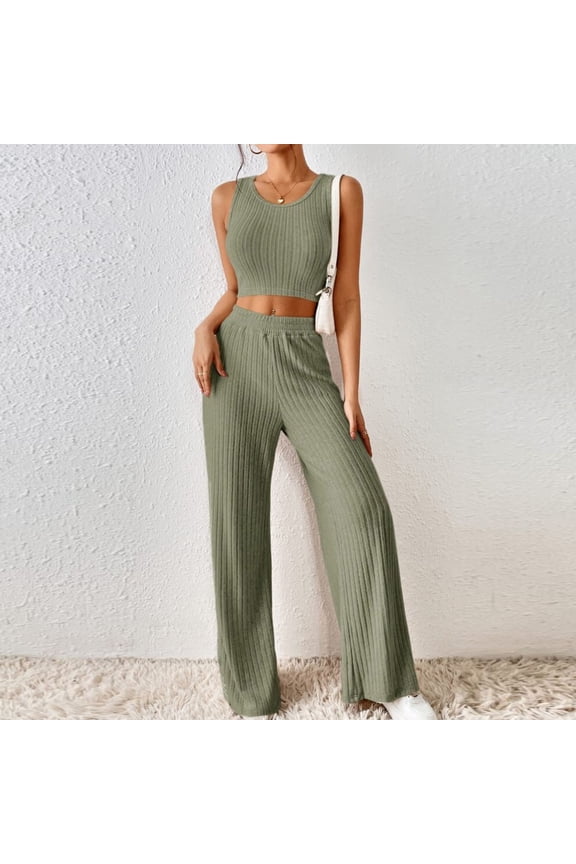 Womens 2 Piece Sets Jogging Sets Stylish Plain Sweatsuits Jogger Sets Long Sleeve Knit Ribbed Sweater Wide Leg Pant Tracksuits Casual Activewear Yoga Outfits Green M