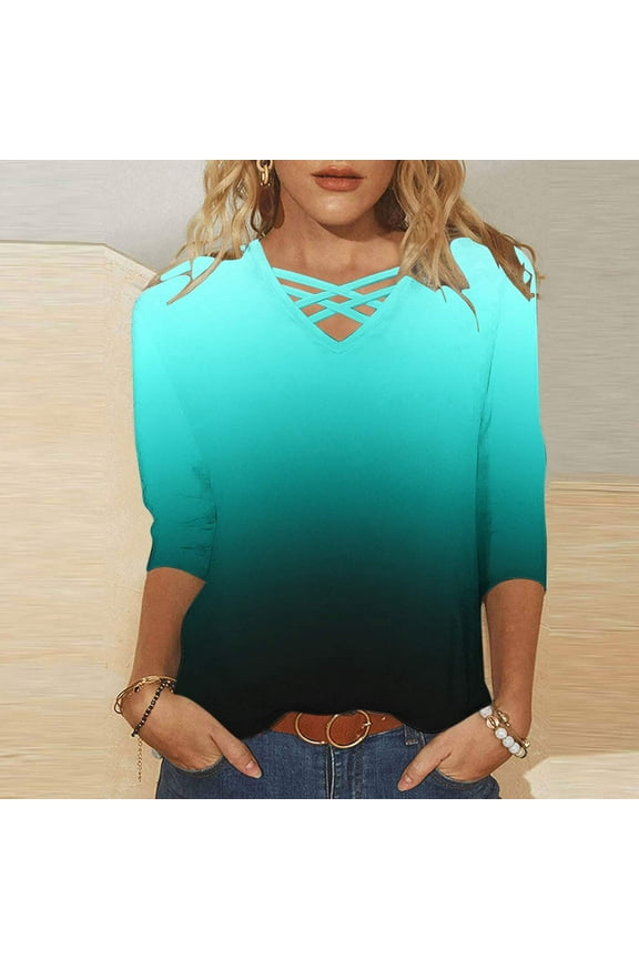 Womens 3/4 Length Sleeve Tops Summer Gradient Criss Cross Shirts V-Neck Loose Tops Pullover Blouse Three Quarter T Shirts Novelty Tees Dressy Holiday Plus Size Green XL
