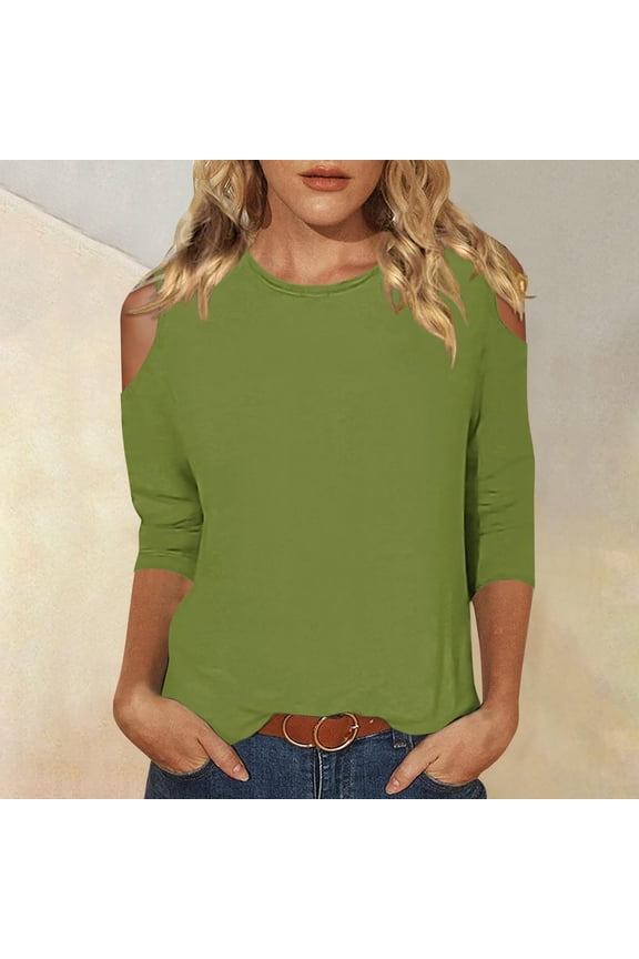 Womens 3/4 Sleeve Shirts Summer Plain Cold Shoulder Sleeve Blouse Crewneck Casual T Shirts Pullover Tees Three Quarter Shirts Fashion Tops Dressy Holiday Cute Green M