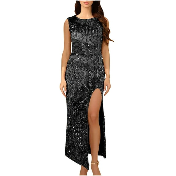 Gaecuw Womens Cocktail Dress Crew Neck Sleeveless Tight Dress Ankle Length Long Dresses Formal Dresses Sequin Party Prom Dresses Champagne Nylon Spandex Bridesmaid Elegant Solid Wedding Guest Dresses