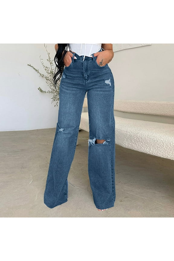 Womens Jeans High Rise Loose Fit Pull Up Ripped Jeans Palazzo Distressed Wide Leg Denim Long Pants Solid Boyfriend Trousers with Pocket Button down Zipper Streetwear