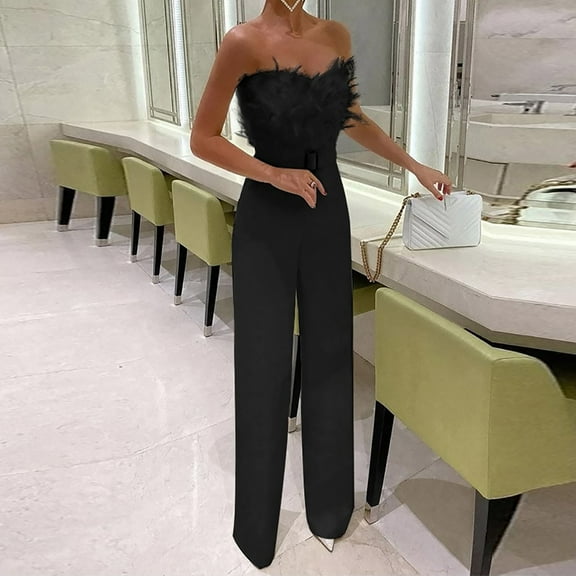 Gaecuw Womens Jumpsuits Casual Dressy Sleeveless Cold Shoulder Overall Band Collar Solid Onesie Frill Hollow Cutout Ruffle Peplum One Piece Outfits Casual Long Pants Wide Leg Summer Romper