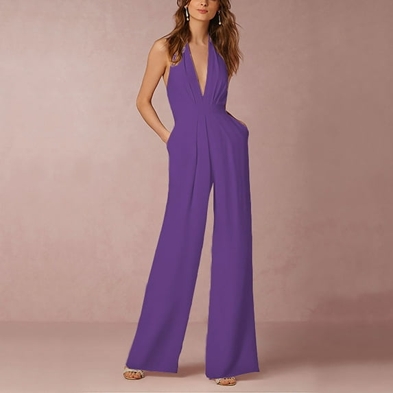 Gaecuw Womens Jumpsuits Casual Dressy Sleeveless Cold Shoulder Overall with Pockets Halter Neck Band Collar Solid Onesie One Piece Outfits Loose Baggy Long Pants Wide Leg Summer Romper Ankle Length