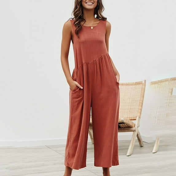 Gaecuw Womens Jumpsuits Casual Dressy Sleeveless Cold Shoulder Overall Square Neck Band Collar Solid Onesie One Piece Outfits Loose Baggy Long Pants High Waisted Wide Leg Summer Romper Calf Length