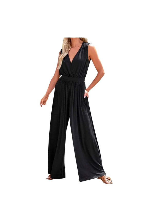 Womens Jumpsuits and Rompers Sleeveless V-Neck Jumpsuits Solid Color Wrapped Pleated Rompers Wide Leg Long Pants Dressy Elegant Overalls Baggy Summer One Piece Black M
