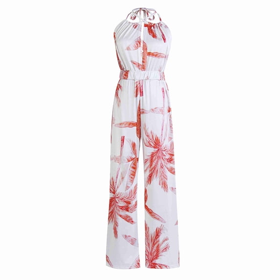 Gaecuw Womens Jumpsuits Sleeveless Cold Shoulder Overall with Pockets Square Neck Band Collar Floral Printed Onesie One Piece Outfits Boho Casual Loose Long Pants Wide Leg Summer Romper Ankle Length