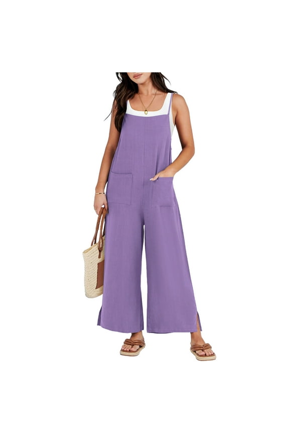 Womens One Piece Jumpsuit Outfit Cotton Linen Square Neck Spaghetti Strap Overalls Solid Color Side Split Jumpsuits Wide Leg Long Pants with Pocket Rompers Purple S