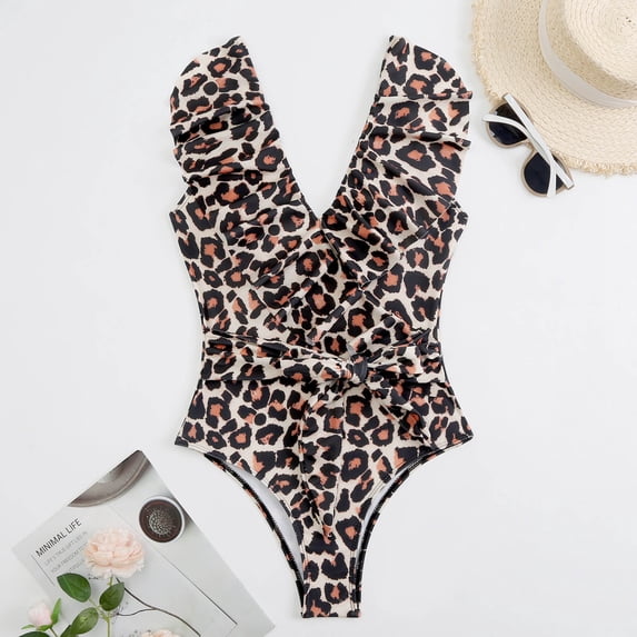 Gaecuw Womens One Piece Swimsuits Sleeveless Ruffle SleeveSwimwear Top Side Tie Closure Swimsuits Solid Bathing Suits Plunge Neck Beach Swimwear Ruffle Peplum Resort Wear 1 Piece Swimwear Brown XXL