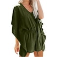 thumbnail image 1 of Gaecuw Womens Romper Shorts Half Sleeve Batwing Sleeve Overall V Neck Band Collar Solid Onesie Lace Up Strappy Ruffle Peplum One Piece Outfits Casual Adjustable Jumpsuit High Waisted Wide Leg Shorts, 1 of 7