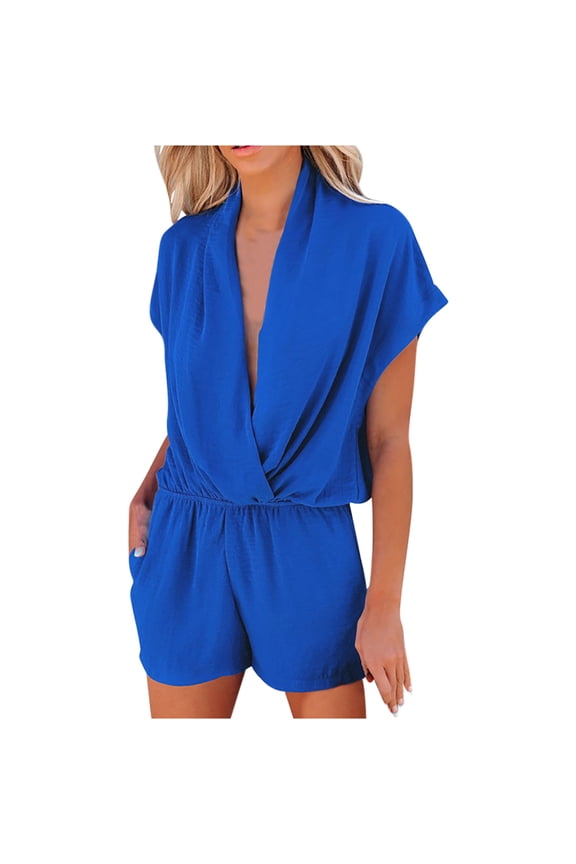 Womens Rompers Dressy Jumpsuits for Women Short Sleeve Overall V Neck Band Collar Solid Onesie Strappy One Piece Outfits Casual Loose Baggy Jumpsuit Wide Leg Summer Shorts Pull On Mini Trousers