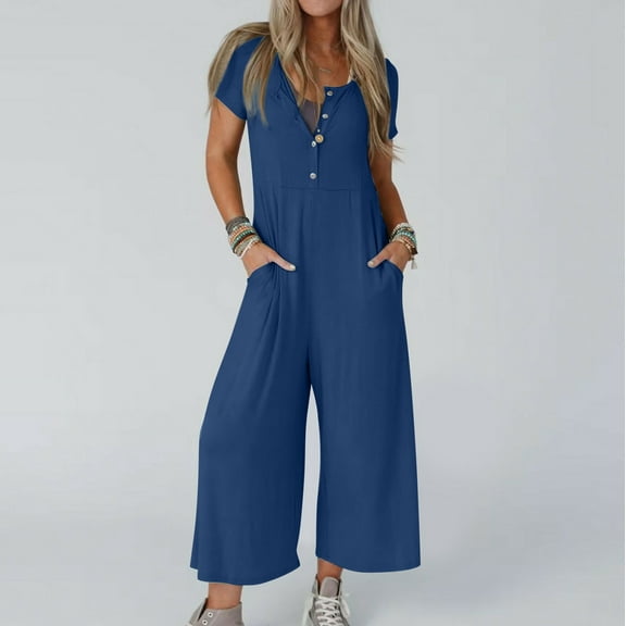 Gaecuw Womens Rompers and Jumpsuits Long Pant Short Sleeve V-Neck Rompers Solid Color Button Flowy Bib Overalls Wide Leg Pants with Pocket Jumpsuits Summer One Piece Blue L