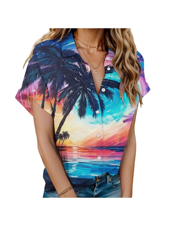 Womens Shirts Short Sleeve Button up Blouses Tees Hawaiian Floral Print T Shirts Summer Shirts Lapel Neck Tops Beachwear Tropical Vacation Outfits Resort Wear Blue XL