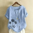 thumbnail image 1 of Cavosen Womens Short Sleeve Shirts Slim Fit Artificial Cotton Linen Dandelion Print Button Summer Tees Round Neck Comfy Loose Fit Pullover Tops Lightweight Beach Blouse Blue 2XL, 1 of 4
