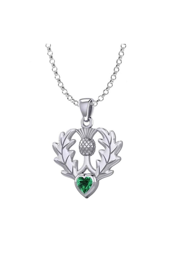 GaelSong 925 Sterling Silver Thistle Necklace with Emerald Glass Heart Gemstone Pendant Jewelry for Women Mother 18"