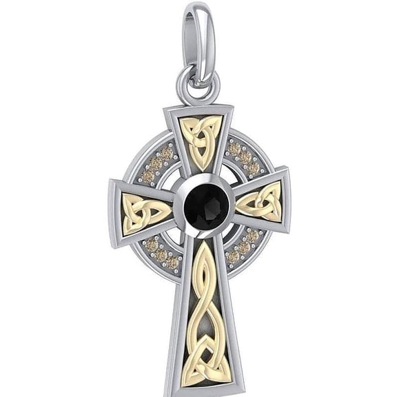 GaelSong Sterling Silver Celtic Cross Pendant with 18k Gold Accents Crucifix Necklace with Black and Brown Cubic Zirconia Jewelry for Women 18"